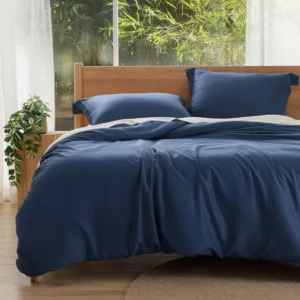 Bedsure Navy Blue Duvet Cover Queen Size - Rayon Derived from Bamboo Cooling Duvet Cover Set, 3-Piece Set with Zipper Closure (90"x90") and 2 Pillow Shams, Comforter Not Included