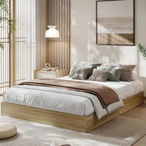 California King Wood Platform Bed Frame with Wooden Slats, Floor Standing, Minimalist Design