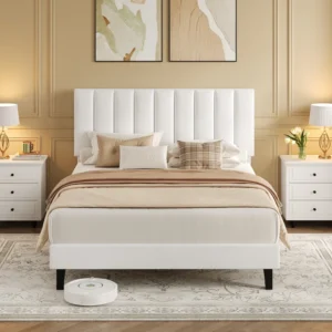 Full Size Bed Frame, Velvet Upholstered Platform Bed with Adjustable Tufted Headboard, No Box Spring Needed, Easy Assembly, White