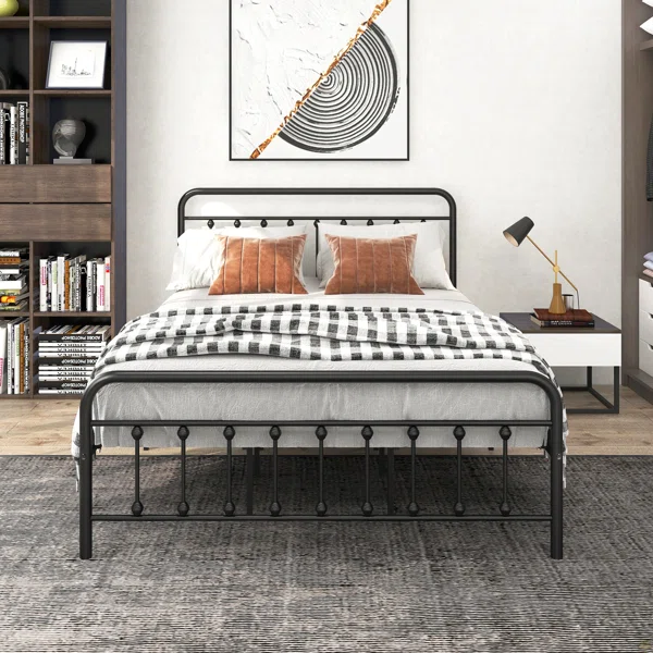Metal Platform Bed Frame, Victorian Style Headboard/Footboard/Under Bed Storage/No Box Spring Needed/Queen Size Black - Image 2