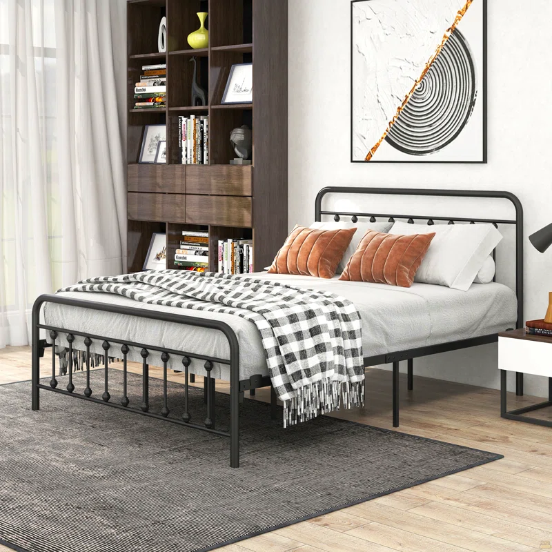 Metal Platform Bed Frame, Victorian Style Headboard/Footboard/Under Bed Storage/No Box Spring Needed/Queen Size Black